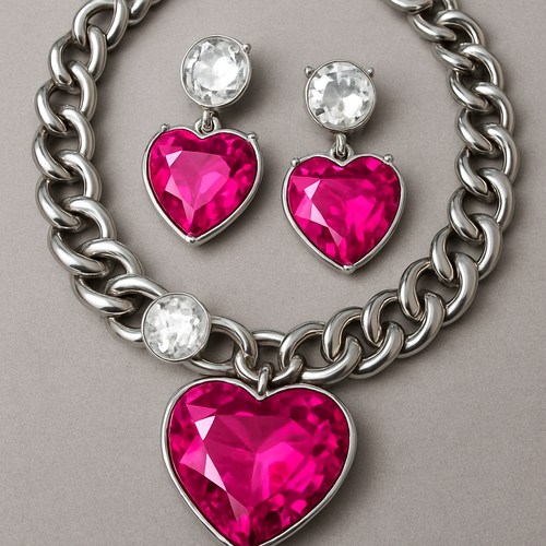 This elegant jewellery set features heart-shaped pink gemstones as the focal point, symbolizing romance and grace.
Delicate silver chains with small round white stones add sparkle and movement.
The matching necklace and earrings create a balanced, modern yet feminine look.
Perfect for romantic occasions, it embodies soft luxury and timeless charm.