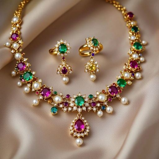 Necklace and ring and earring with luxury colorful jewel with gold