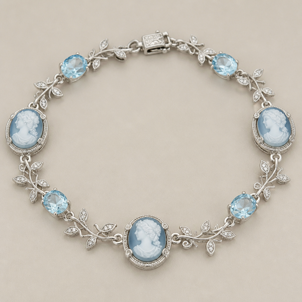 A cameo women's bracelet made of white gold with topaz stones suitable for daily wear, highly ornate, intricate and elaborate, richly detailed. delicado y sencillo con hojas pequeñas
photorealistic jewelry design, A cameo women's bracelet made of white gold with topaz stones suitable for daily wear, highly ornate, intricate and elaborate, richly detailed. delicado y sencillo con hojas pequeñas, cameo style, just the design no text