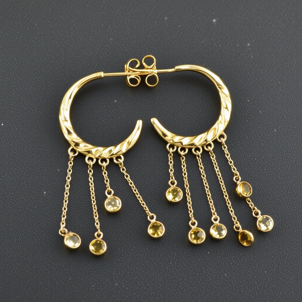 Золотые серьги словно мятое золото в форме узкого изящного полумесяца. Верхушка полумесяца крепится к застежке серьги.  От полумесяца идет три цепочки, у каждой на конце мелкий камушек цитрин