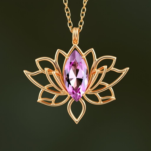 A everyday wear gold necklace with a pink color gemstone in a marquise cut. All the details are delicate and they rappresent the petals of the flower lotus.