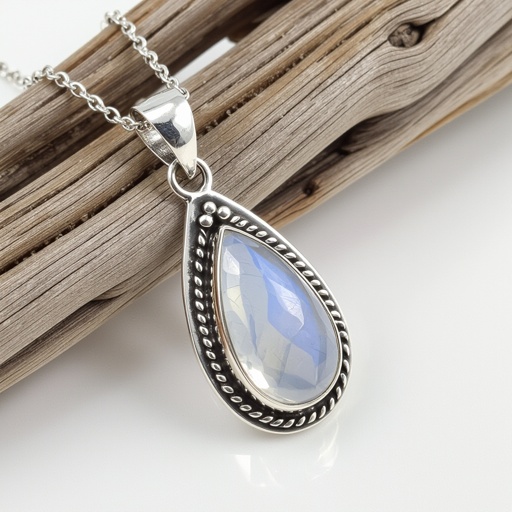 A carat drop-cut moonstone pendant with silver lining around it 