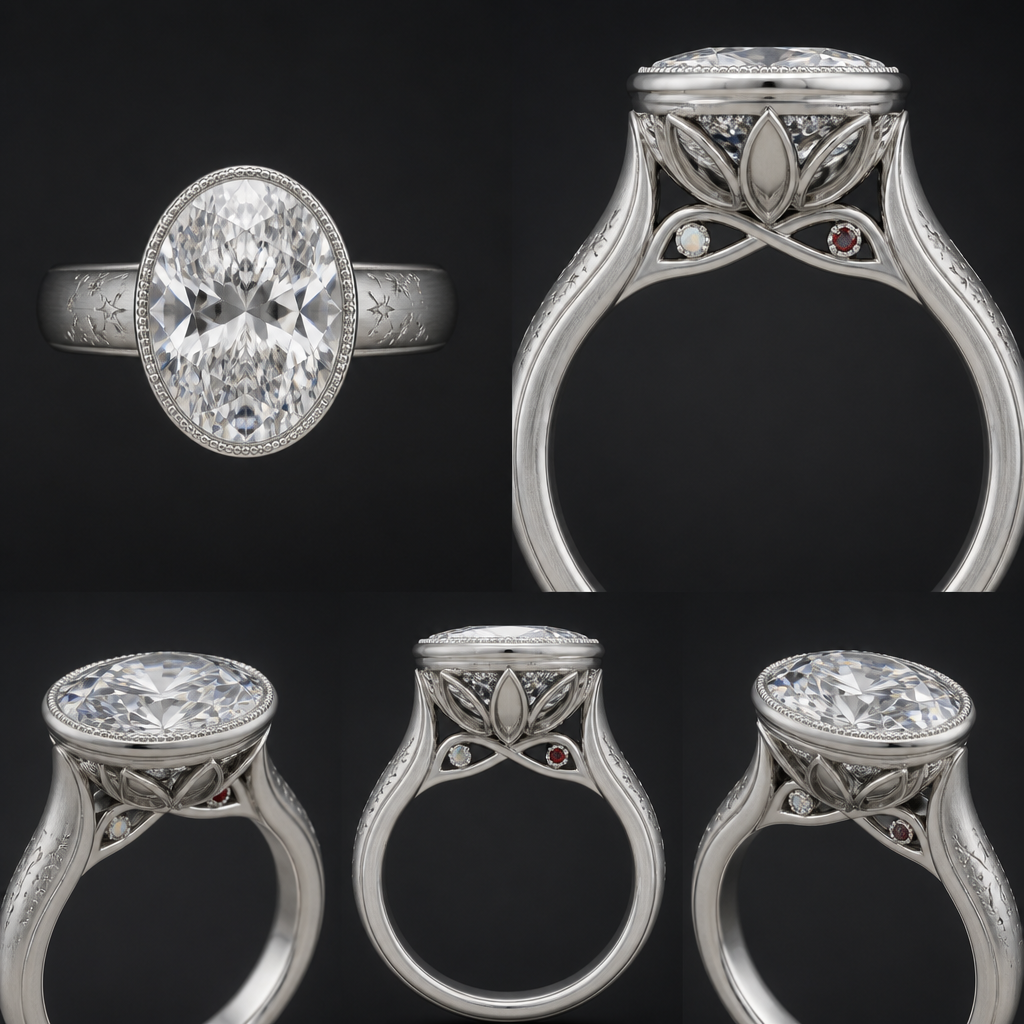 A women's ring. Center Stone
16 × 11 mm oval diamond (~10 ct)
Set as low as structurally possible
Perfectly centered
Full bezel setting
Fine hand-applied milgrain around the bezel
The bezel should be delicate enough to frame the diamond without making it appear smaller.
Top View
This is extremely important.
From the top, I want the ring to appear clean and uninterrupted.
No visible hidden halo
No accent diamonds visible
No decorative elements competing with the center stone
The eye should immediately go to the oval diamond
Side Profile
The side should reveal the craftsmanship gradually.
Hidden halo tucked completely underneath the bezel
Visible only from the side
Smaller and more delicate than a traditional hidden halo
The hidden halo should feel like a surprise rather than a feature.
Lotus Basket
This is the heart of the design.
Six elongated marquise diamonds
Arranged as lotus petals
Petals should flow seamlessly into the shoulders
No abrupt transitions
The basket should look sculpted from one continuous piece of platinum
I want the lotus to feel architectural rather than ornamental.
Band
Platinum
4 mm width at the shoulders
Softly tapered toward the base
Comfort fit
Soft euro shank
Satin/brushed finish
Thin polished edge along each side of the band to frame the brushed finish
Celestial Theme
I want the celestial inspiration to be subtle.
Instead of repeating stars:
Sparse constellation-inspired hand engraving
Tiny polished dots
Very delicate engraved starbursts
Concentrated near the shoulders
Gradually fading into a plain band
The engraving should resemble a quiet night sky rather than a pattern.
Bridge
This should be the most personal part of the ring.
Instead of engraving an infinity symbol, I want the bridge itself to become an elegant infinity-shaped structure.
Inside the loops:
One tiny bezel-set opal
One tiny bezel-set garnet
These represent my husband and me.
If structurally feasible, I'd also like to explore placing a tiny flush-set diamond where the two loops intersect to represent our son.
The bridge should remain refined and not feel busy.
Finish
The ring should have contrast.
Satin brushed platinum on the band
High-polish bezel
High-polish basket
High-polish milgrain
High-polish edges on the band
This contrast should create visual depth without adding extra decoration.
Engineering Priorities
Comfortable for everyday wear
Built to support a 16 × 11 mm oval securely
Basket engineered for long-term durability
Euro shank sized to reduce spinning
Strong enough to become an heirloom
Design Priorities
From most important to least:
Center oval diamond
Milgrain bezel
Lotus basket
Hidden halo
Brushed platinum finish
Celestial shoulder engraving
Infinity bridge with birthstones
Every element below should support—not compete with—the element above it.
photorealistic jewelry design, A women's ring. Center Stone
16 × 11 mm oval diamond (~10 ct)
Set as low as structurally possible
Perfectly centered
Full bezel setting
Fine hand-applied milgrain around the bezel
The bezel should be delicate enough to frame the diamond without making it appear smaller.
Top View
This is extremely important.
From the top, I want the ring to appear clean and uninterrupted.
No visible hidden halo
No accent diamonds visible
No decorative elements competing with the center stone
The eye should immediately go to the oval diamond
Side Profile
The side should reveal the craftsmanship gradually.
Hidden halo tucked completely underneath the bezel
Visible only from the side
Smaller and more delicate than a traditional hidden halo
The hidden halo should feel like a surprise rather than a feature.
Lotus Basket
This is the heart of the design.
Six elongated marquise diamonds
Arranged as lotus petals
Petals should flow seamlessly into the shoulders
No abrupt transitions
The basket should look sculpted from one continuous piece of platinum
I want the lotus to feel architectural rather than ornamental.
Band
Platinum
4 mm width at the shoulders
Softly tapered toward the base
Comfort fit
Soft euro shank
Satin/brushed finish
Thin polished edge along each side of the band to frame the brushed finish
Celestial Theme
I want the celestial inspiration to be subtle.
Instead of repeating stars:
Sparse constellation-inspired hand engraving
Tiny polished dots
Very delicate engraved starbursts
Concentrated near the shoulders
Gradually fading into a plain band
The engraving should resemble a quiet night sky rather than a pattern.
Bridge
This should be the most personal part of the ring.
Instead of engraving an infinity symbol, I want the bridge itself to become an elegant infinity-shaped structure.
Inside the loops:
One tiny bezel-set opal
One tiny bezel-set garnet
These represent my husband and me.
If structurally feasible, I'd also like to explore placing a tiny flush-set diamond where the two loops intersect to represent our son.
The bridge should remain refined and not feel busy.
Finish
The ring should have contrast.
Satin brushed platinum on the band
High-polish bezel
High-polish basket
High-polish milgrain
High-polish edges on the band
This contrast should create visual depth without adding extra decoration.
Engineering Priorities
Comfortable for everyday wear
Built to support a 16 × 11 mm oval securely
Basket engineered for long-term durability
Euro shank sized to reduce spinning
Strong enough to become an heirloom
Design Priorities
From most important to least:
Center oval diamond
Milgrain bezel
Lotus basket
Hidden halo
Brushed platinum finish
Celestial shoulder engraving
Infinity bridge with birthstones
Every element below should support—not compete with—the element above it., modern style, just the design no text