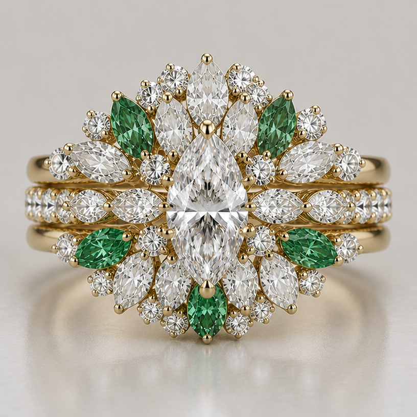 can you do a little less emerald green diamonds. but keep them that size
edit the attached jewelry design with these instructions: can you do a little less emerald green diamonds. but keep them that size. keep it photorealistic, just the design no text