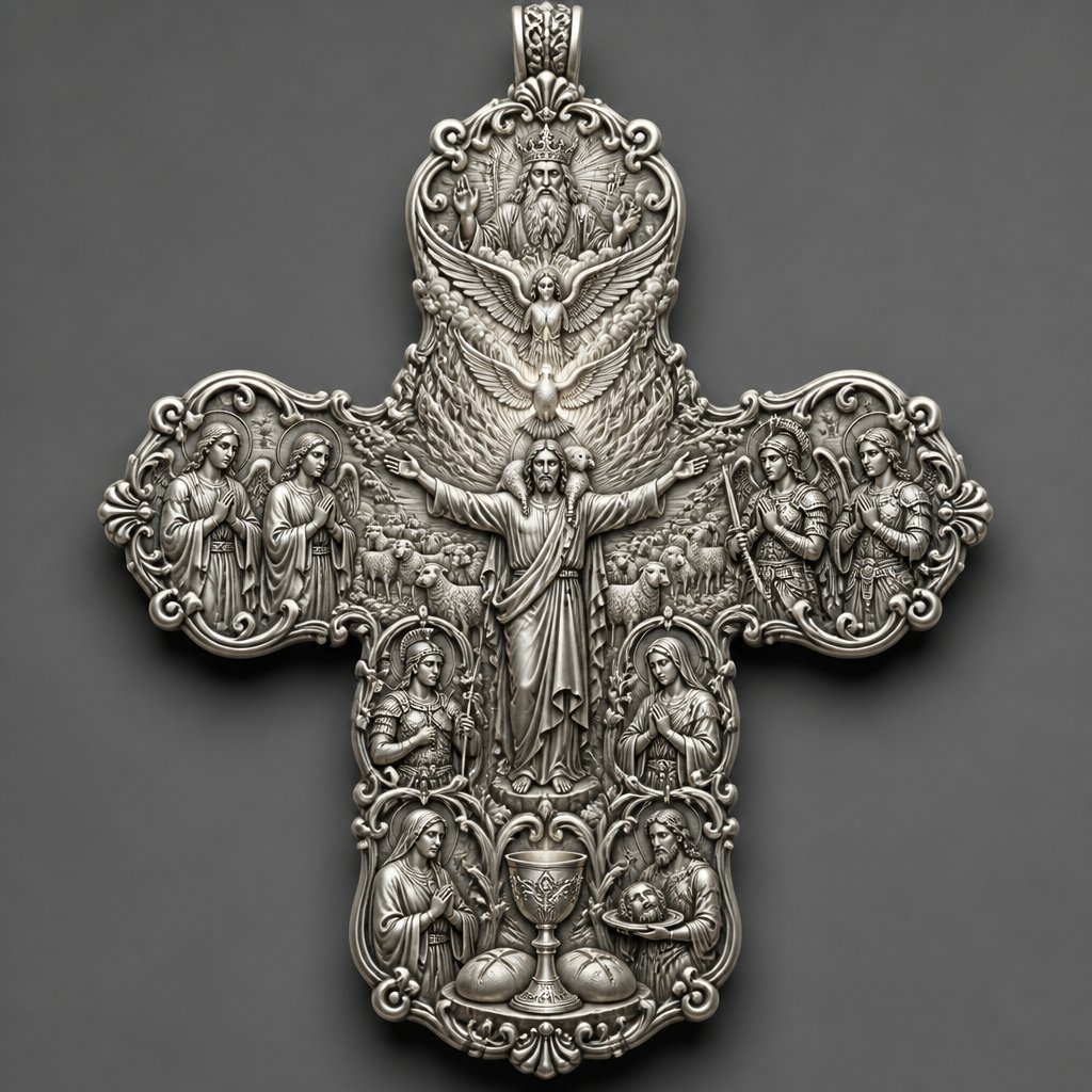 A baroque men's pendant made of silver suitable for festival. A delicate beautiful and elegant Cross with Jesus Christ as the good shepherd with His hands wide open to receive all of us, with a beautiful delicate sheep on His shoulders with a herd of sheep backward of Him. Over Jesus Christ to be placed the Holy Spirit as an Angel with a beautiful delicate elegant and thin body, with a beautiful delicate and elegant face, with long hair, with big wings flying toward us with His hands wide open, under the Angel to be placed a dove flying toward us, both the Angel and the dove to be surrounded by tongues of fire radiating light and fire to Jesus Christ and the herd. Over the Holy Spirit to be placed God the Father with a beautiful delicate and elegant crown on His head holding a beautiful delicate and elegant sceptre with His left hand and blessing the world with His right hand. At the bottom of the Cross to be placed the Holy Communion with a beautiful delicate and elegant chalice and two breads. At the right side of the Cross to be placed Saint Michael the Archangel with His beautiful delicate and elegant armour with His beautiful delicate and elegant helmet and His sword Praying and Saint Gabriel the Archangel Praying. At the left side of the Cross to be placed Saint Rafael the Archangel Praying and the Guardian Angel Praying. At the lower right side of the lower part of the Cross to be placed Saint John the Baptist holding a beautiful delicate and elegant platter with his head on it. At the lower left side of the lower part of the Cross to be placed Saint Veronica Praying. At the upper right side of the lower part of the Cross to be placed Virgo Maria Praying. At the upper left side of the lower part of the Cross to be placed Saint George with his beautiful delicate and elegant armour with his sword and his javelin and his beautiful delicate and elegant helmet on his head. Take out the wings from Virgo Maria, take out the wings from Saint George, take out the wings from Saint Veronica.
photorealistic jewelry design, A baroque men's pendant made of silver suitable for festival. A delicate beautiful and elegant Cross with Jesus Christ as the good shepherd with His hands wide open to receive all of us, with a beautiful delicate sheep on His shoulders with a herd of sheep backward of Him. Over Jesus Christ to be placed the Holy Spirit as an Angel with a beautiful delicate elegant and thin body, with a beautiful delicate and elegant face, with long hair, with big wings flying toward us with His hands wide open, under the Angel to be placed a dove flying toward us, both the Angel and the dove to be surrounded by tongues of fire radiating light and fire to Jesus Christ and the herd. Over the Holy Spirit to be placed God the Father with a beautiful delicate and elegant crown on His head holding a beautiful delicate and elegant sceptre with His left hand and blessing the world with His right hand. At the bottom of the Cross to be placed the Holy Communion with a beautiful delicate and elegant chalice and two breads. At the right side of the Cross to be placed Saint Michael the Archangel with His beautiful delicate and elegant armour with His beautiful delicate and elegant helmet and His sword Praying and Saint Gabriel the Archangel Praying. At the left side of the Cross to be placed Saint Rafael the Archangel Praying and the Guardian Angel Praying. At the lower right side of the lower part of the Cross to be placed Saint John the Baptist holding a beautiful delicate and elegant platter with his head on it. At the lower left side of the lower part of the Cross to be placed Saint Veronica Praying. At the upper right side of the lower part of the Cross to be placed Virgo Maria Praying. At the upper left side of the lower part of the Cross to be placed Saint George with his beautiful delicate and elegant armour with his sword and his javelin and his beautiful delicate and elegant helmet on his head. Take out the wings from Virgo Maria, take out the wings from Saint George, take out the wings from Saint Veronica., baroque style, just the design no text