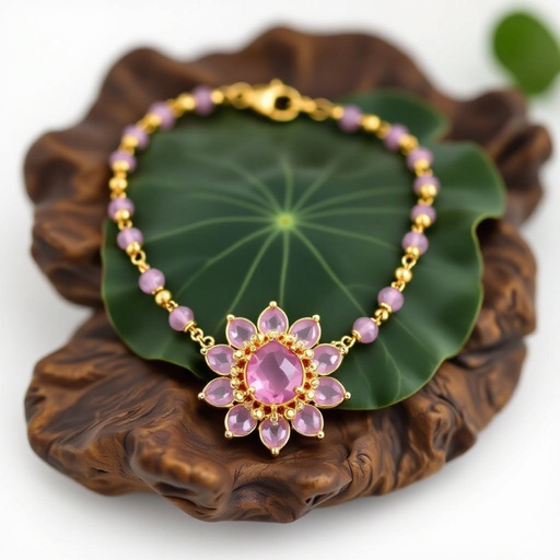 Цепочка из золота с золотыми мелкими шариками и мелкими из мелкого розового кварца посредине лотос от лотоса идут цепочки золотые вниз