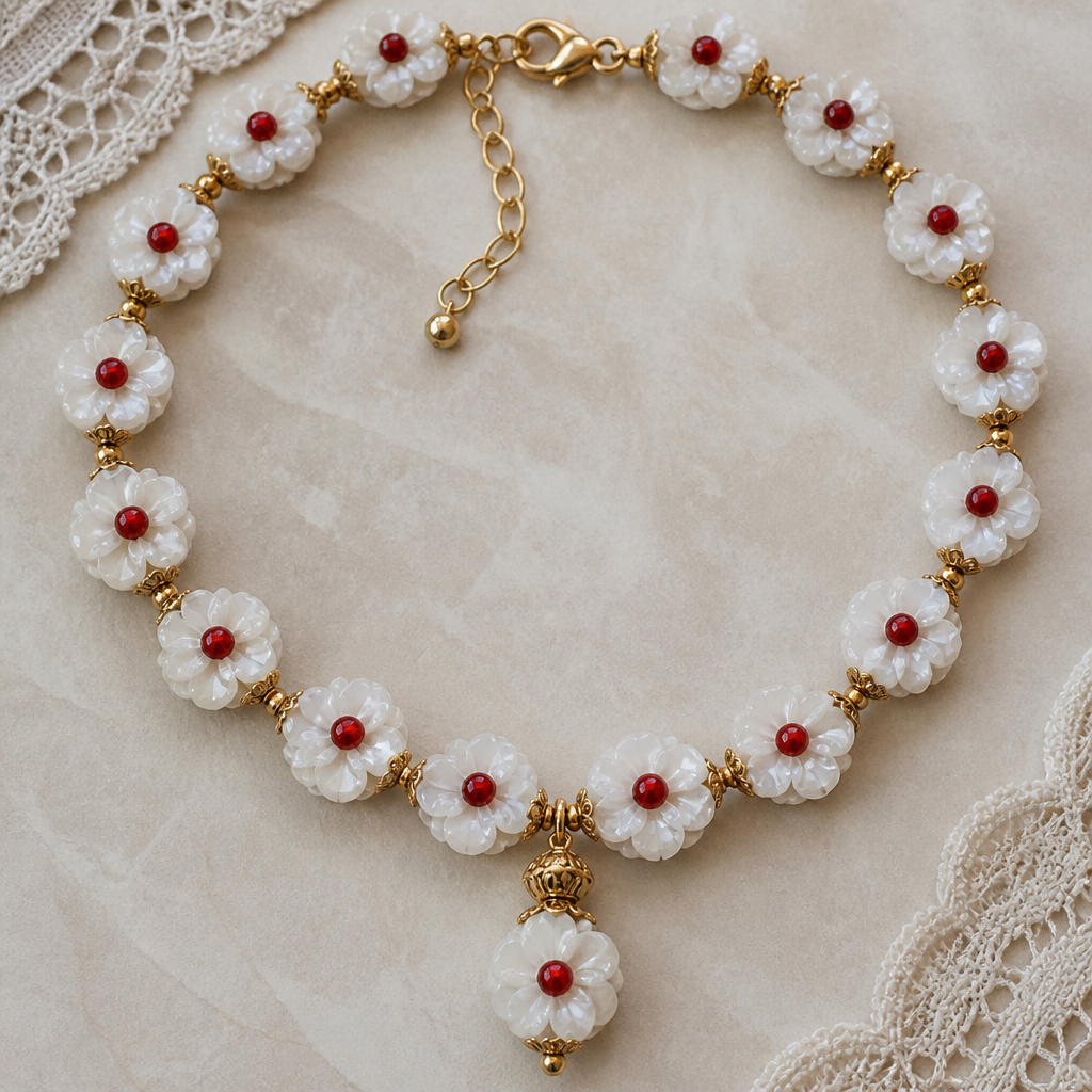Murano glass white flower beads with red center beads gold beads and findings
photorealistic jewelry design, Murano glass white flower beads with red center beads gold beads and findings , vintage style, just the design no text