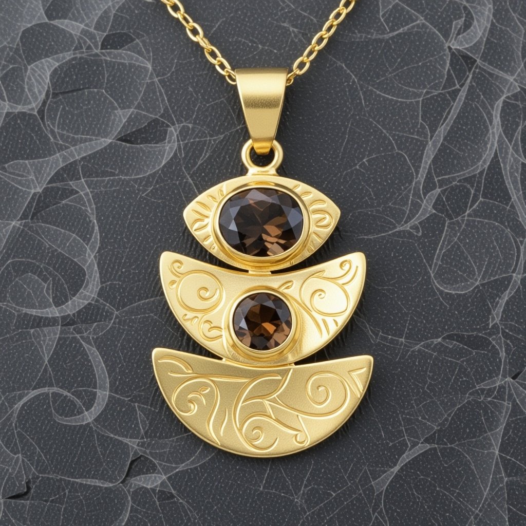  Подвеска из трех полумесяцев с узорами и камнями раухтопаза из матового неровного светлого золота с узорами соединенных цепочкой сверху самый широкий полукруг дальше средний и снизу самый маленький