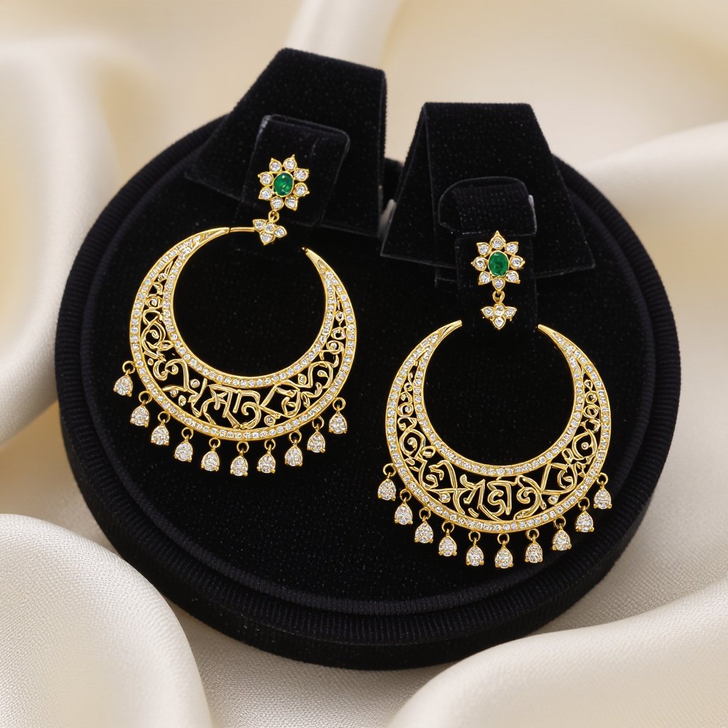 Серьги золотые в форме полумесяца с мантрами на санскрите