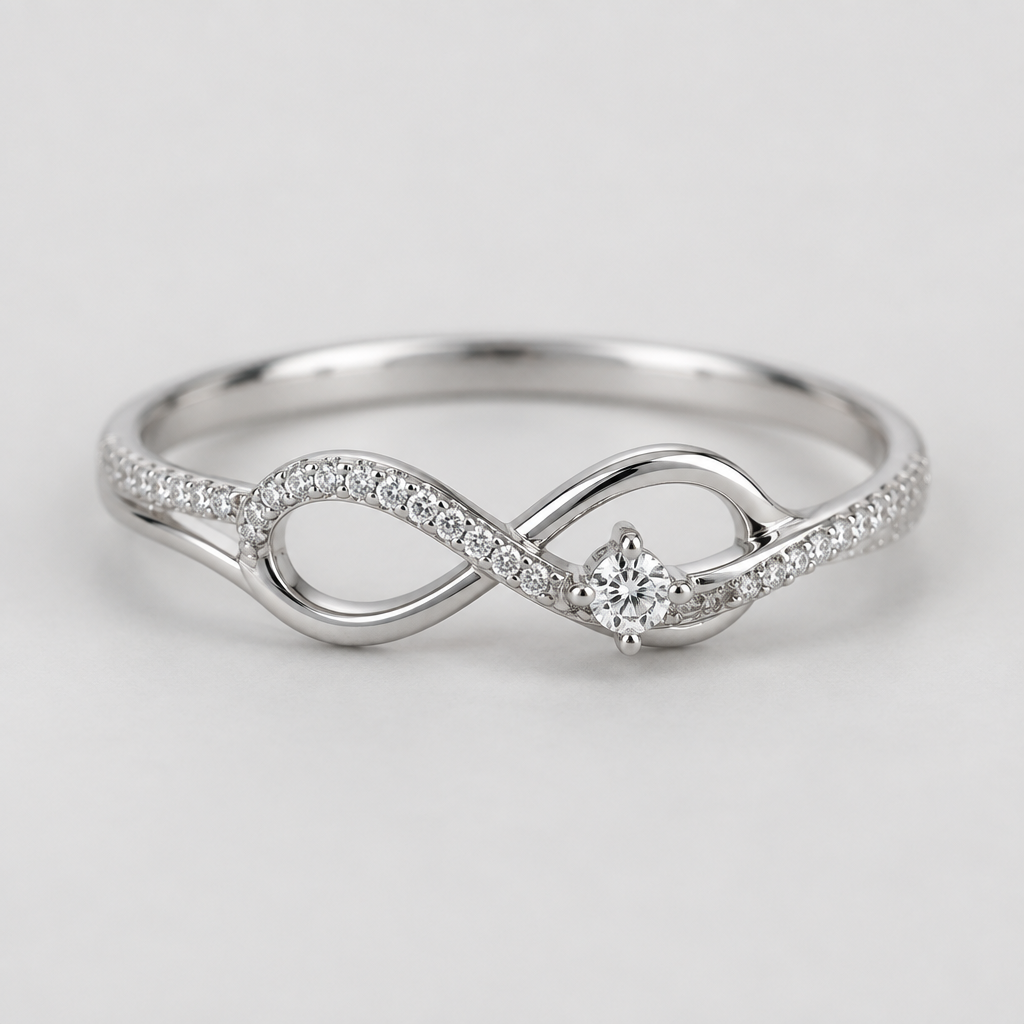 A silver women's ring made of silver with diamond stones. es una anillo de tira fina q una se divide en dos tiras de ambos lados nada sujeta al infinito empieza de una de la única tira
y forman un infinito pero los círculos son un poco cerrados la tira de arriba lleva puros diamantitos pequeños y la de abajo normal de la plata que envuelve el dedo y en uno de los lados de los infinito medio a medio lleva un sólo diamante como tipo lucero
photorealistic jewelry design, A silver women's ring made of silver with diamond stones. es una anillo de tira fina q una se divide en dos tiras de ambos lados nada sujeta al infinito empieza de una de la única tira
y forman un infinito pero los círculos son un poco cerrados la tira de arriba lleva puros diamantitos pequeños y la de abajo normal de la plata que envuelve el dedo y en uno de los lados de los infinito medio a medio lleva un sólo diamante como tipo lucero, silver style, just the design no text