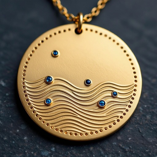 Золотой матовый медальон в форме неровного круга с неровными краями. По краям выпуклые точки сплошной линией. На круге разные волнистые узоры словно волны. Три миниатюрных голубых камушка хаотично расположены в круге
