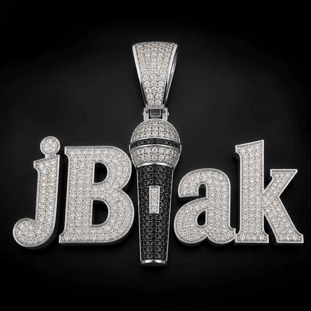 A men's ring. A big chunky pendant with the name j Blak with the letter l in black a microphone encrusted with diamonds
photorealistic jewelry design, A men's ring. A big chunky pendant with the name j Blak with the letter l in black a microphone encrusted with diamonds, modern style, just the design no text