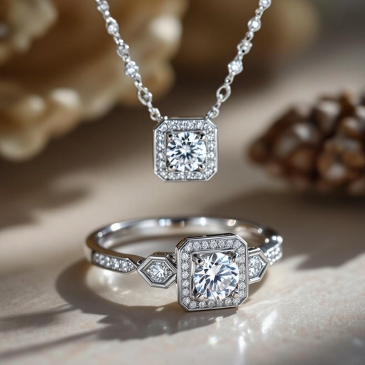 Geomatric white gold of architecture shapes and volume ring and necklace 