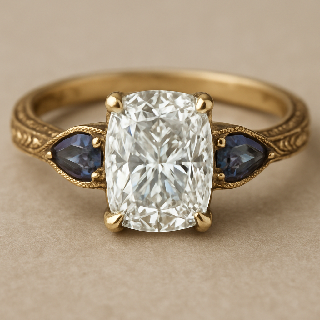 2 carat elongated cushion cut diamond engagement ring with double claw prongs in yellow gold ring with marquise shaped alexandrite side stones