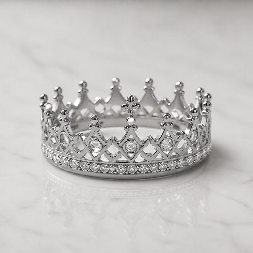 Make it white gold. Around the base there should be small oval diamond stones around the ring.
edit the attached jewelry design with these instructions: Make it white gold. Around the base there should be small oval diamond stones around the ring.. keep it photorealistic, just the design no text