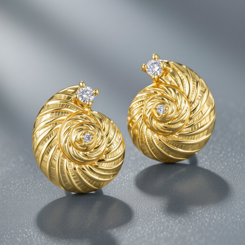 Золотые серьги в виде золотой спиральной ракушки украшенной тремя маленькими камнями 