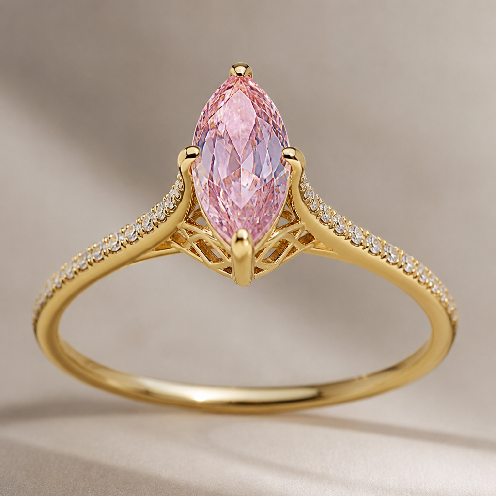 A luxury women's ring made of gold with diamond stones suitable for engagement. "2-carat marquise-cut pink lab-grown diamond, set in elegant yellow gold prongs, raised cathedral setting with a detailed basket underneath the stone, thin 18k yellow gold band, subtle pavé diamonds on the shoulders, luxurious engagement ring, old-money elegance, realistic jewelry photography
photorealistic jewelry design, A luxury women's ring made of gold with diamond stones suitable for engagement. "2-carat marquise-cut pink lab-grown diamond, set in elegant yellow gold prongs, raised cathedral setting with a detailed basket underneath the stone, thin 18k yellow gold band, subtle pavé diamonds on the shoulders, luxurious engagement ring, old-money elegance, realistic jewelry photography, luxury style, just the design no text