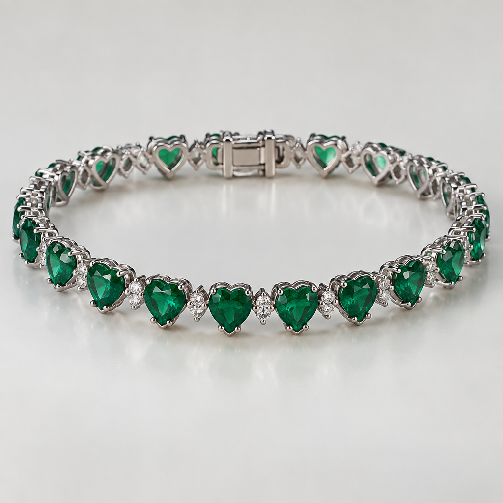 Heart tennis bracelet around 13 carat with only of the hearts center emerald
photorealistic jewelry design, Heart tennis bracelet around 13 carat with only of the hearts center emerald, just the design no text