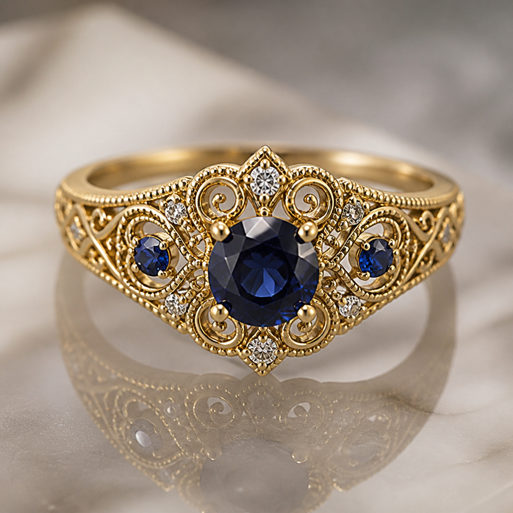 A filigree women's ring made of gold with sapphire stones suitable for engagement
photorealistic jewelry design, A filigree women's ring made of gold with sapphire stones suitable for engagement, filigree style, just the design no text