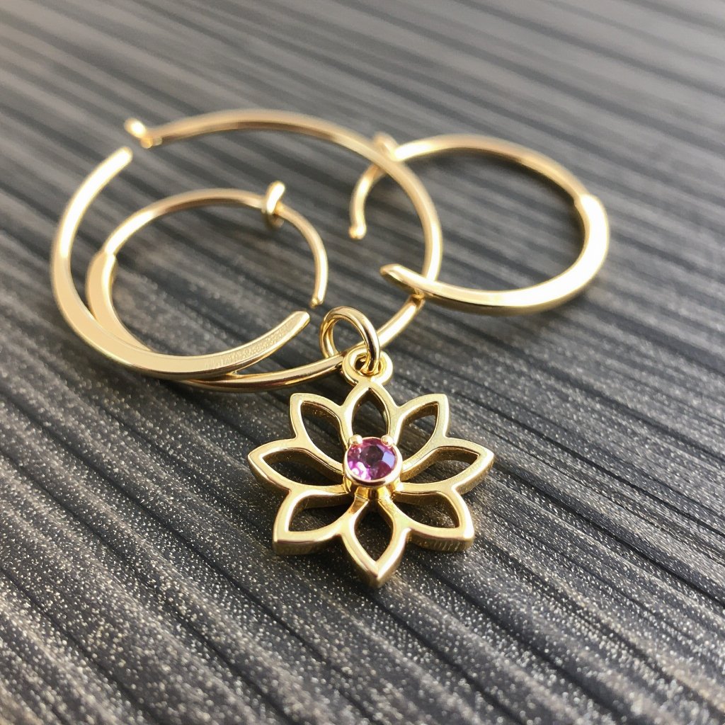 Серьги небольшие кольца, подвеска в виде золотого лотоса шестью лепестками с маленьким розовым кварцем по центру