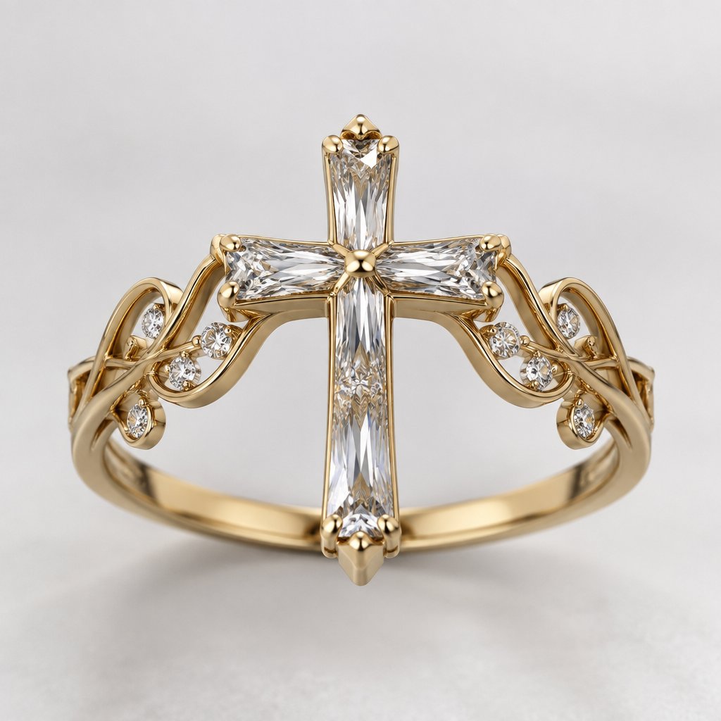 A women's ring. “Preserve the distinctive cross-shaped top structure and decorative side elements from the reference. Do not change the basic silhouette.”
photorealistic jewelry design, A women's ring. “Preserve the distinctive cross-shaped top structure and decorative side elements from the reference. Do not change the basic silhouette.”, modern style, just the design no text