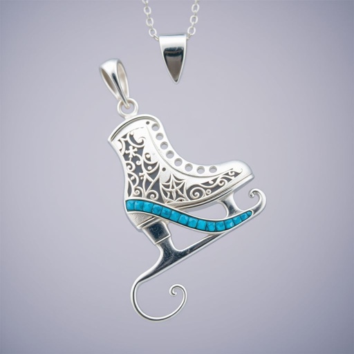 Silver Pendant shape one ice skate with turquoise stripe inside the low thin part blade