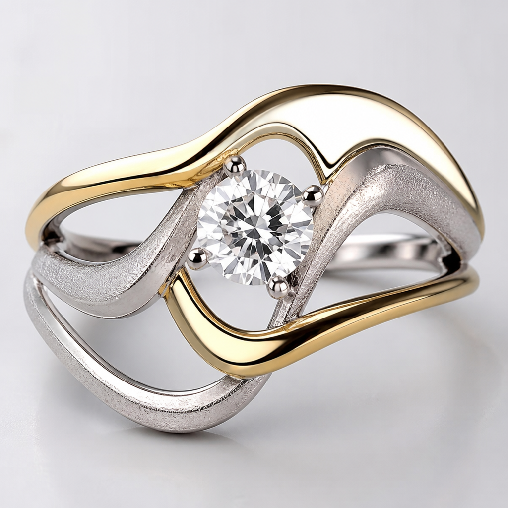 A avant-garde women's ring made of mixed metal with diamond stones suitable for festival. An extraordinary excellent beautiful delicate and elegant solitaire women ring. Face of the ring.
photorealistic jewelry design, A avant-garde women's ring made of mixed metal with diamond stones suitable for festival. An extraordinary excellent beautiful delicate and elegant solitaire women ring. Face of the ring., avant_garde style, just the design no text