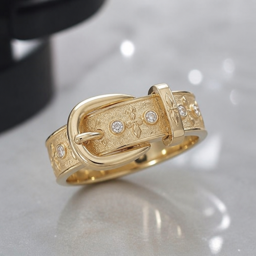 A women's ring. Make a buckle ring
using the attached image as a visual reference, create A women's ring. Make a buckle ring. photorealistic, just the design no text