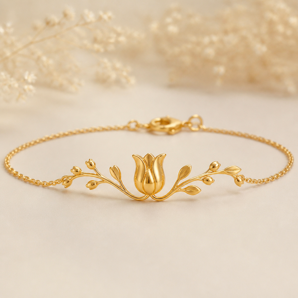I want to make tulip inspired design for a bracelet in 8K gold that will weigh around 1.5 to 2 grams. Make the side of the tulip has branches
photorealistic jewelry design, I want to make tulip inspired design for a bracelet in 8K gold that will weigh around 1.5 to 2 grams. Make the side of the tulip has branches, modern style, just the design no text