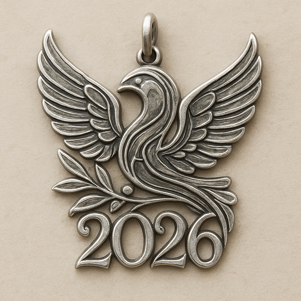 Slim Silver cut-out charm blending together only the two spread out wings of a bird, an olive branch and  along year 2026