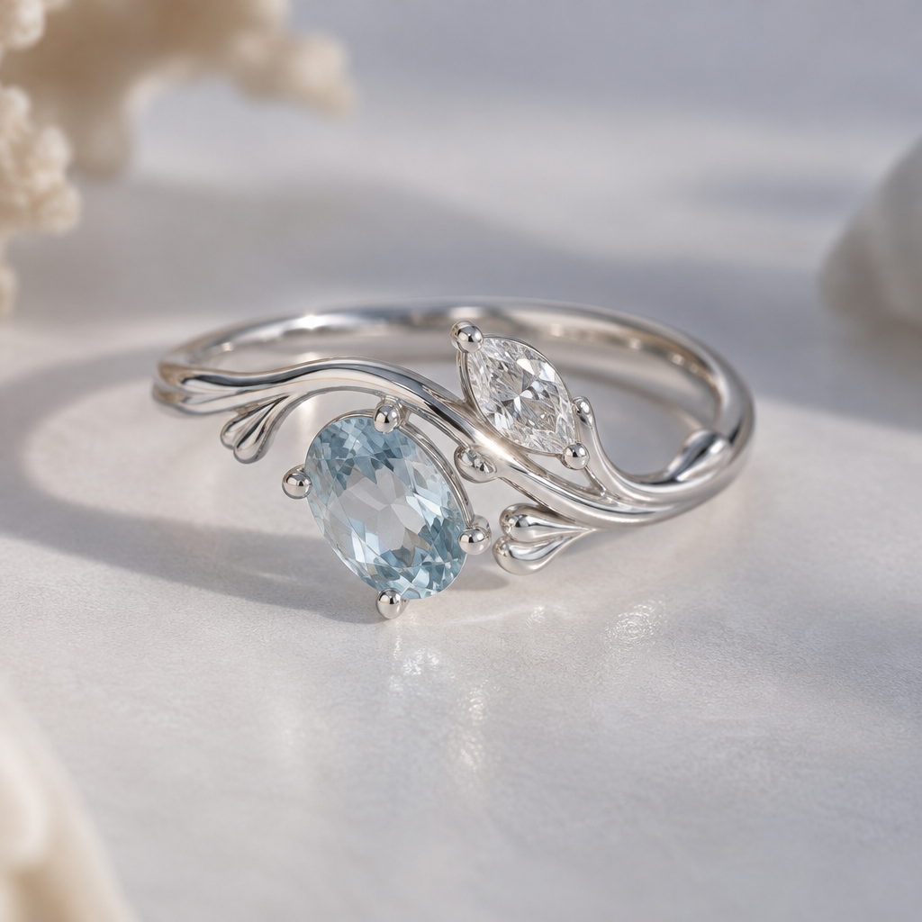 A women's ring. кольцо из белого золота. С двумя небольшими камнями - овальный аквамарин и бриллиант в форме маркиз. И чтобы кольцо было морской тематике. Обыгрывало волны или кораллы или капли. Чтобы было нежным, в стиле Toi et Moi
photorealistic jewelry design, A women's ring. кольцо из белого золота. С двумя небольшими камнями - овальный аквамарин и бриллиант в форме маркиз. И чтобы кольцо было морской тематике. Обыгрывало волны или кораллы или капли. Чтобы было нежным, в стиле Toi et Moi, modern style, just the design no text