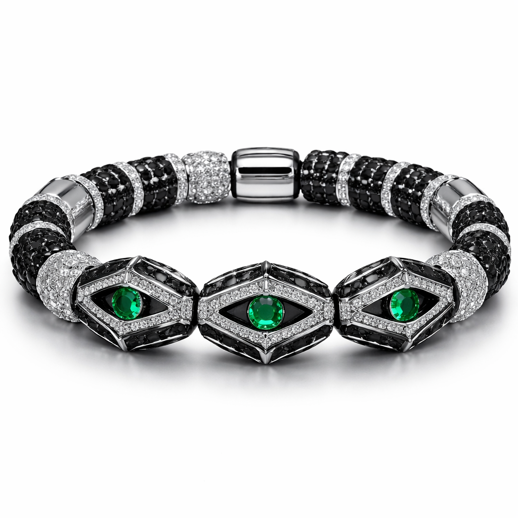 Geomatricw sharp edges of architectural shapes and design of bracelet beads for men of white and ablack diamonds adding eye shape in abstract and artistically way with white background adding eye artistic shape with green emerald