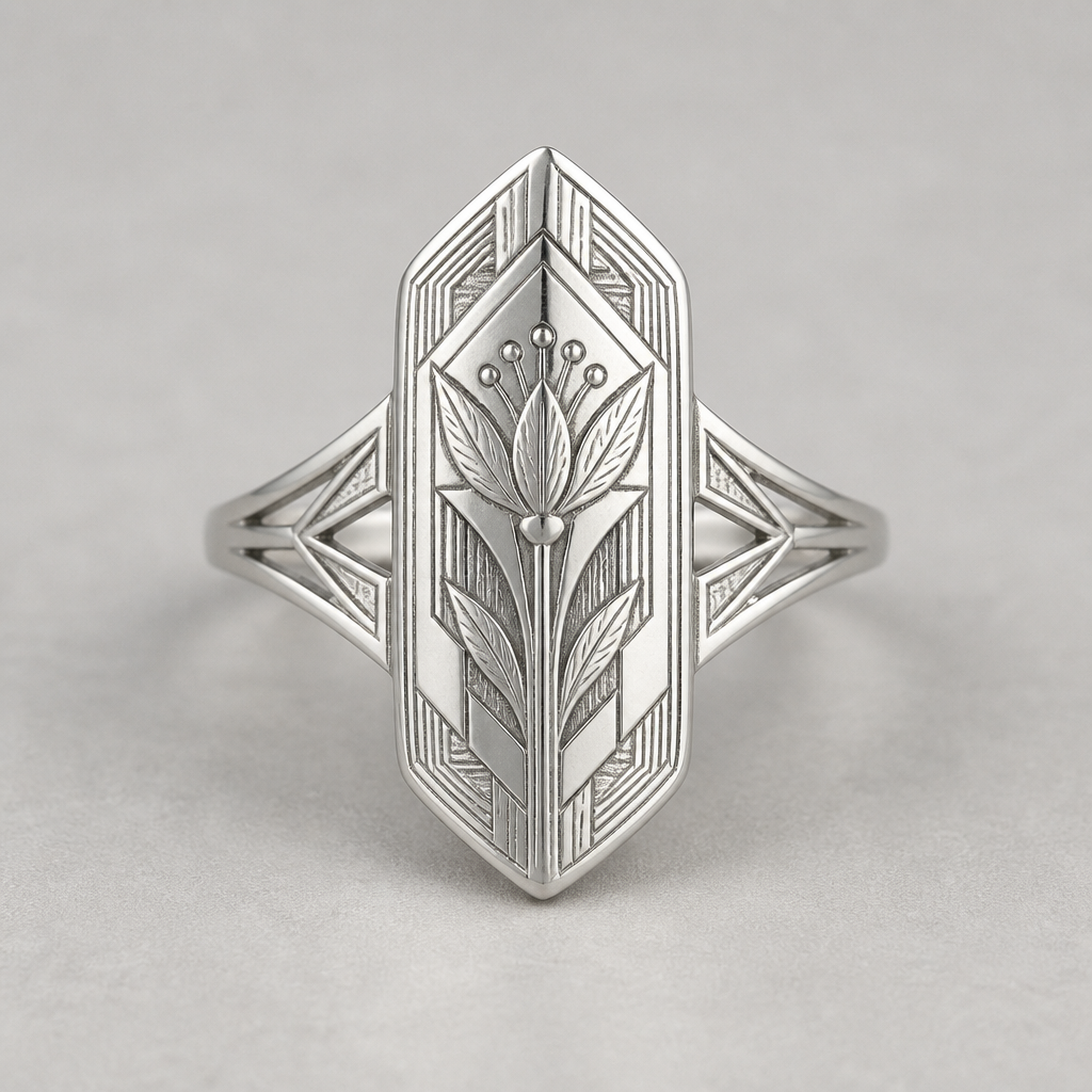 Daily wear ring, 0.5 mm silver plate, 12 cm long plate, engraved with traditional Maluku nutmeg flower motif, no gemstones, minimalist, clean details
Art Deco jewelry: Art Deco daily wear ring, 0.5mm silver, geometric 12cm plate, engraved Maluku nutmeg flower, no gemstones, clean lines, strong symmetry.