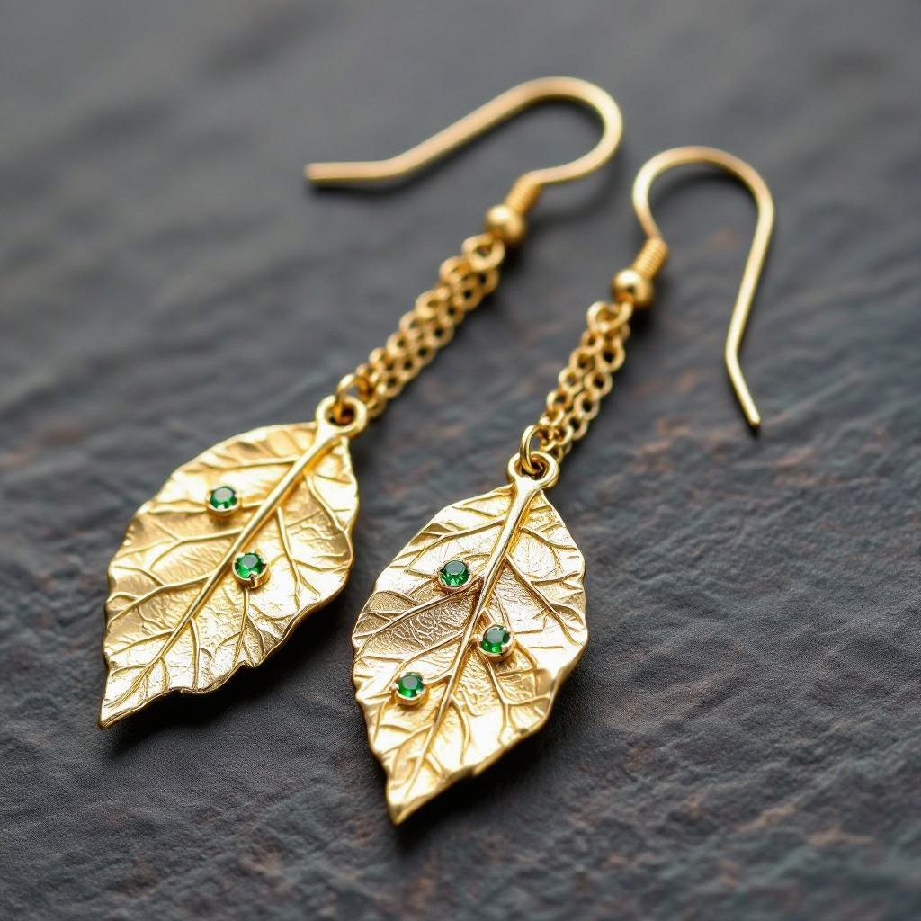 Серьги длинные на цепочках матовое золото мятое. Символ листок с прожилками на нем маленькие зеленые  камушки