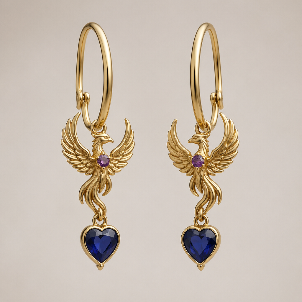 A minimalist women's earrings made of gold with amethyst and sapphire stones suitable for daily wear. uns brincos com fio dourado, ouro, robusto, com 1 coração com pedra azul sapphire. no centro uma fenix segurando uma pedra pequena amethyst um colar smples, elegante, sofesticado e discreto para usar no dia a dia com charme e poder
photorealistic jewelry design, A minimalist women's earrings made of gold with amethyst and sapphire stones suitable for daily wear. uns brincos com fio dourado, ouro, robusto, com 1 coração com pedra azul sapphire. no centro uma fenix segurando uma pedra pequena amethyst um colar smples, elegante, sofesticado e discreto para usar no dia a dia com charme e poder, minimalist style, just the design no text