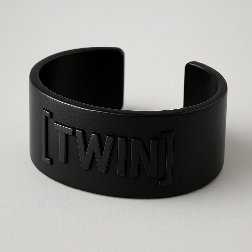 Thick black bracelet that says “TWIN” inside brackets
