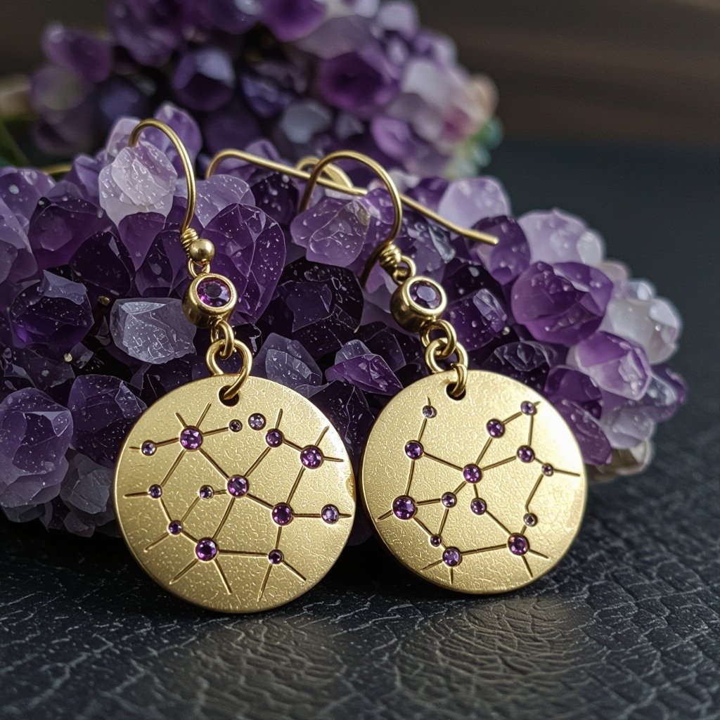 Серьги и кулон в одном стиле. Светлое матовое состаренное мятое золото. На круге изобрежены созвездия. Очень маленькие сиреневые камушки. 