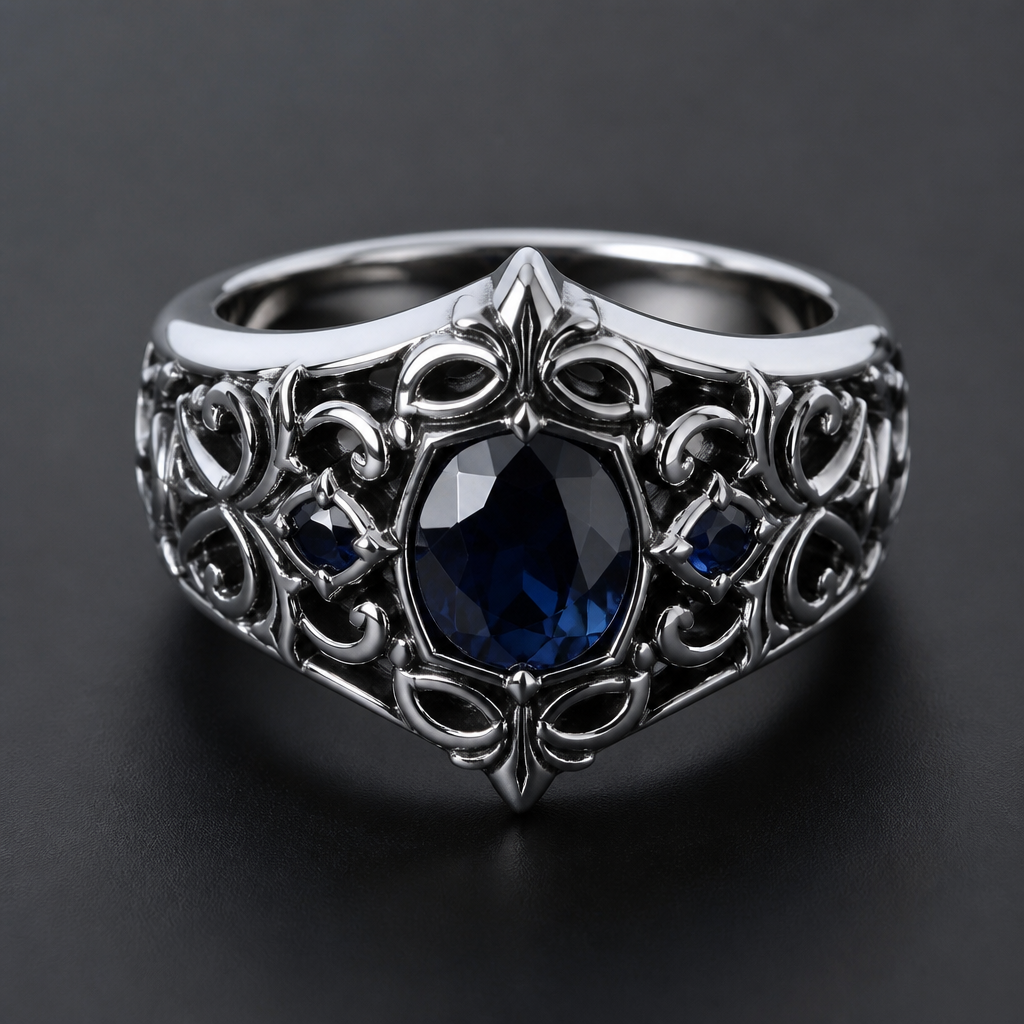A gothic women's ring made of platinum with sapphire stones suitable for daily wear. wide man signet ring
photorealistic jewelry design, A gothic women's ring made of platinum with sapphire stones suitable for daily wear. wide man signet ring, gothic style, just the design no text