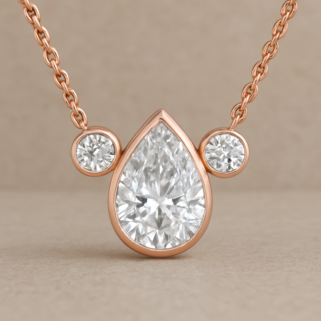 7 קראט יהלום טיפה באמצע ובצדדים קצת למעלה יותר יהלום אחד  בכל צד 2  קראט הכל מולחם בצבע רוז שרשרת