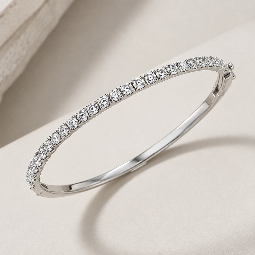 A bangle women's bracelet made of white gold with diamond stones suitable for formal. diamond line
photorealistic jewelry design, A bangle women's bracelet made of white gold with diamond stones suitable for formal. diamond line, bangle style, just the design no text