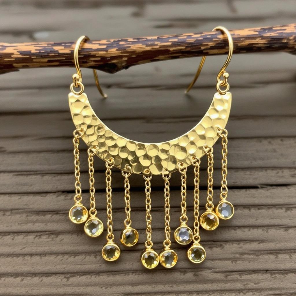 Золотые серьги словно мятое золото в форме узкого изящного полумесяца. Верхушка полумесяца крепится к застежке серьги. От полумесяца идет три цепочки, у каждой на конце мелкий камушек цитрин