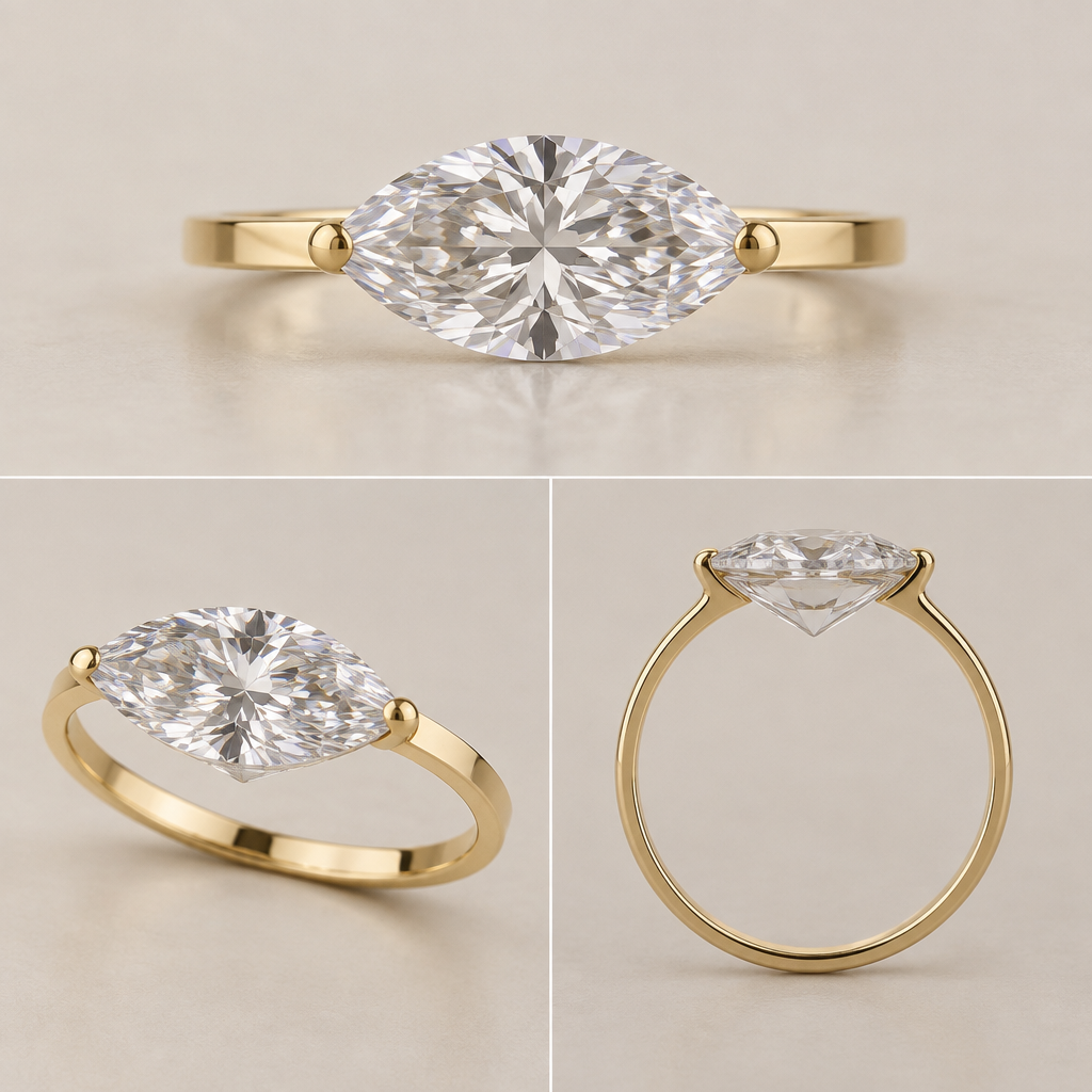 A women's ring, detailed and decorative, moderately ornate. High-end fine jewelry photorealistic rendering of a single 1.90 carat marquise-cut diamond mounted east-to-west on a very thin, perfectly flat 18k yellow gold band. The diamond should dominate the design and appear almost visually unsupported from the front. Use only two extremely minimal, integrated yellow-gold point claws at the east and west tips, hugging the stone's outline as tightly as physically possible. No visible basket, gallery rail, halo, bezel, shoulder prongs, decorative metal, or side stones. The band should meet the stone directly beneath the two tips, with the structural support hidden behind the diamond from the front view. Keep the diamond's full outline unobstructed. Low-profile architecture designed for everyday wear. Show realistic proportions, realistic diamond pavilion depth, realistic gold thickness, and physically plausible stone security. The result should look like a diamond suspended over a simple flat gold band, while remaining structurally believable. Clean contemporary luxury jewelry, understated, architectural, minimal, no ornate details.
Same exact ring and diamond in all three
views. Show a straight-on finger-facing view, a 3/4 view, and a true side/profile view. The 1.90 ct marquise is mounted east-to-west on a thin flat yellow-gold band. Two minimal yellow-gold claws secure only the east and west points. Keep the claws extremely small and integrated into the band. The diamond must have realistic pavilion clearance and a physically plausible hidden support beneath it. No visible basket or gallery from the front. Do not alter the diamond shape, proportions, orientation, band width, or setting between views. Photorealistic fine-jewelry rendering, accurate construction rather than conceptual fantasy.
photorealistic jewelry design, A women's ring, detailed and decorative, moderately ornate. High-end fine jewelry photorealistic rendering of a single 1.90 carat marquise-cut diamond mounted east-to-west on a very thin, perfectly flat 18k yellow gold band. The diamond should dominate the design and appear almost visually unsupported from the front. Use only two extremely minimal, integrated yellow-gold point claws at the east and west tips, hugging the stone's outline as tightly as physically possible. No visible basket, gallery rail, halo, bezel, shoulder prongs, decorative metal, or side stones. The band should meet the stone directly beneath the two tips, with the structural support hidden behind the diamond from the front view. Keep the diamond's full outline unobstructed. Low-profile architecture designed for everyday wear. Show realistic proportions, realistic diamond pavilion depth, realistic gold thickness, and physically plausible stone security. The result should look like a diamond suspended over a simple flat gold band, while remaining structurally believable. Clean contemporary luxury jewelry, understated, architectural, minimal, no ornate details.
Same exact ring and diamond in all three
views. Show a straight-on finger-facing view, a 3/4 view, and a true side/profile view. The 1.90 ct marquise is mounted east-to-west on a thin flat yellow-gold band. Two minimal yellow-gold claws secure only the east and west points. Keep the claws extremely small and integrated into the band. The diamond must have realistic pavilion clearance and a physically plausible hidden support beneath it. No visible basket or gallery from the front. Do not alter the diamond shape, proportions, orientation, band width, or setting between views. Photorealistic fine-jewelry rendering, accurate construction rather than conceptual fantasy., modern style, just the design no text