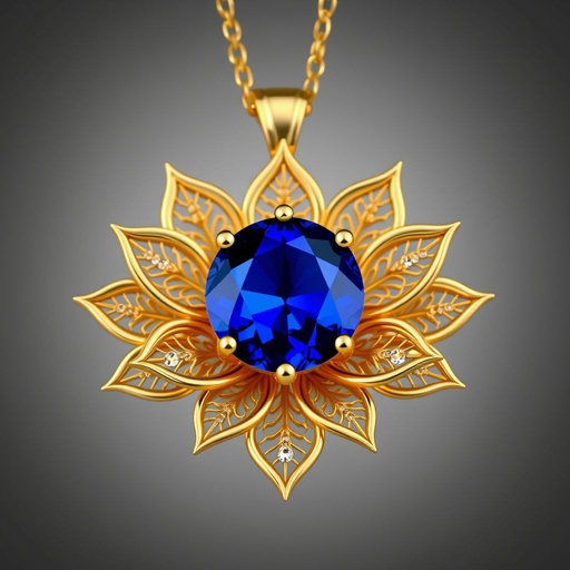 A gold necklace with a color gemstone in the middle. The necklace must have the details of the flower lotus