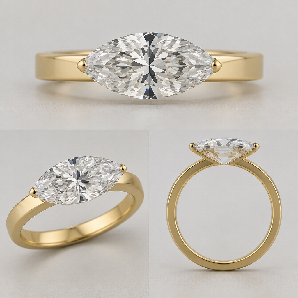 A women's ring, detailed and decorative, moderately ornate. Design a photorealistic high-end solitaire ring using a 1.90 ct laboratory-grown marquise diamond measuring exactly 12.81 × 6.39 × 4.11 mm, E color, VS2. Preserve the true proportions of this elongated marquise. Mount it east-to-west horizontally on a straight 2.0 mm flat yellow-gold band.
Create an extremely minimal edge-set floating appearance. The diamond should visually sit above the band with almost no visible mounting. Secure the diamond at its two pointed ends using two extremely small, narrow metal tabs that barely overlap the outer girdle edge. These tabs should be flat, delicate, and integrated into the setting, with no visible decorative shape.
The securing metal must NOT form a V, U, chevron, hook, ball, bead, basket, or large claw. Do not place large metal pieces on the face of the diamond. Do not extend the metal outward past either point of the diamond.
Place the necessary structural support underneath the diamond, using a very thin hidden gallery rail following the underside of the stone. Keep the support as close to the pavilion as practical while maintaining realistic security.
The 2 mm flat band should remain visually straight and uninterrupted beneath the stone. The diamond should look naturally suspended above it rather than mounted inside a visible framework.
Do not enlarge the diamond. Do not make the band thinner than 2 mm. Maintain the actual 12.81 × 6.39 mm stone-to-band scale relationship.
No halo, no accent stones, no bezel, no decorative shoulders, no additional gemstones.
Show the same physically consistent ring from front, side profile, and three-quarter view. The side view must show a realistic diamond pavilion, realistic setting depth, and sufficient clearance from the finger. This must look manufacturable by an experienced bench jeweler and suitable for everyday wear.
photorealistic jewelry design, A women's ring, detailed and decorative, moderately ornate. Design a photorealistic high-end solitaire ring using a 1.90 ct laboratory-grown marquise diamond measuring exactly 12.81 × 6.39 × 4.11 mm, E color, VS2. Preserve the true proportions of this elongated marquise. Mount it east-to-west horizontally on a straight 2.0 mm flat yellow-gold band.
Create an extremely minimal edge-set floating appearance. The diamond should visually sit above the band with almost no visible mounting. Secure the diamond at its two pointed ends using two extremely small, narrow metal tabs that barely overlap the outer girdle edge. These tabs should be flat, delicate, and integrated into the setting, with no visible decorative shape.
The securing metal must NOT form a V, U, chevron, hook, ball, bead, basket, or large claw. Do not place large metal pieces on the face of the diamond. Do not extend the metal outward past either point of the diamond.
Place the necessary structural support underneath the diamond, using a very thin hidden gallery rail following the underside of the stone. Keep the support as close to the pavilion as practical while maintaining realistic security.
The 2 mm flat band should remain visually straight and uninterrupted beneath the stone. The diamond should look naturally suspended above it rather than mounted inside a visible framework.
Do not enlarge the diamond. Do not make the band thinner than 2 mm. Maintain the actual 12.81 × 6.39 mm stone-to-band scale relationship.
No halo, no accent stones, no bezel, no decorative shoulders, no additional gemstones.
Show the same physically consistent ring from front, side profile, and three-quarter view. The side view must show a realistic diamond pavilion, realistic setting depth, and sufficient clearance from the finger. This must look manufacturable by an experienced bench jeweler and suitable for everyday wear., modern style, just the design no text