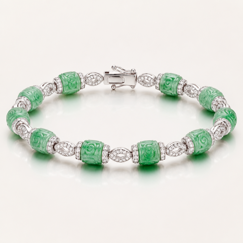 A diamond women's bracelet with diamond stones suitable for anniversary. Create a 6-inch bracelet using the 12 beads shown in the attached picture. Each bead is 9.7 millimeters long.
using the attached image as a visual reference, create A diamond women's bracelet with diamond stones suitable for anniversary. Create a 6-inch bracelet using the 12 beads shown in the attached picture. Each bead is 9.7 millimeters long.. photorealistic, just the design no text
