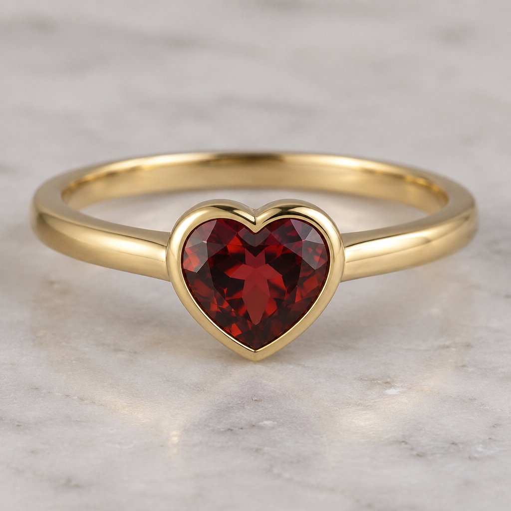 1 carat heart shaped garnet, yellow gold ring, low setting, simple
photorealistic jewelry design, 1 carat heart shaped garnet, yellow gold ring, low setting, simple , bezel style, just the design no text