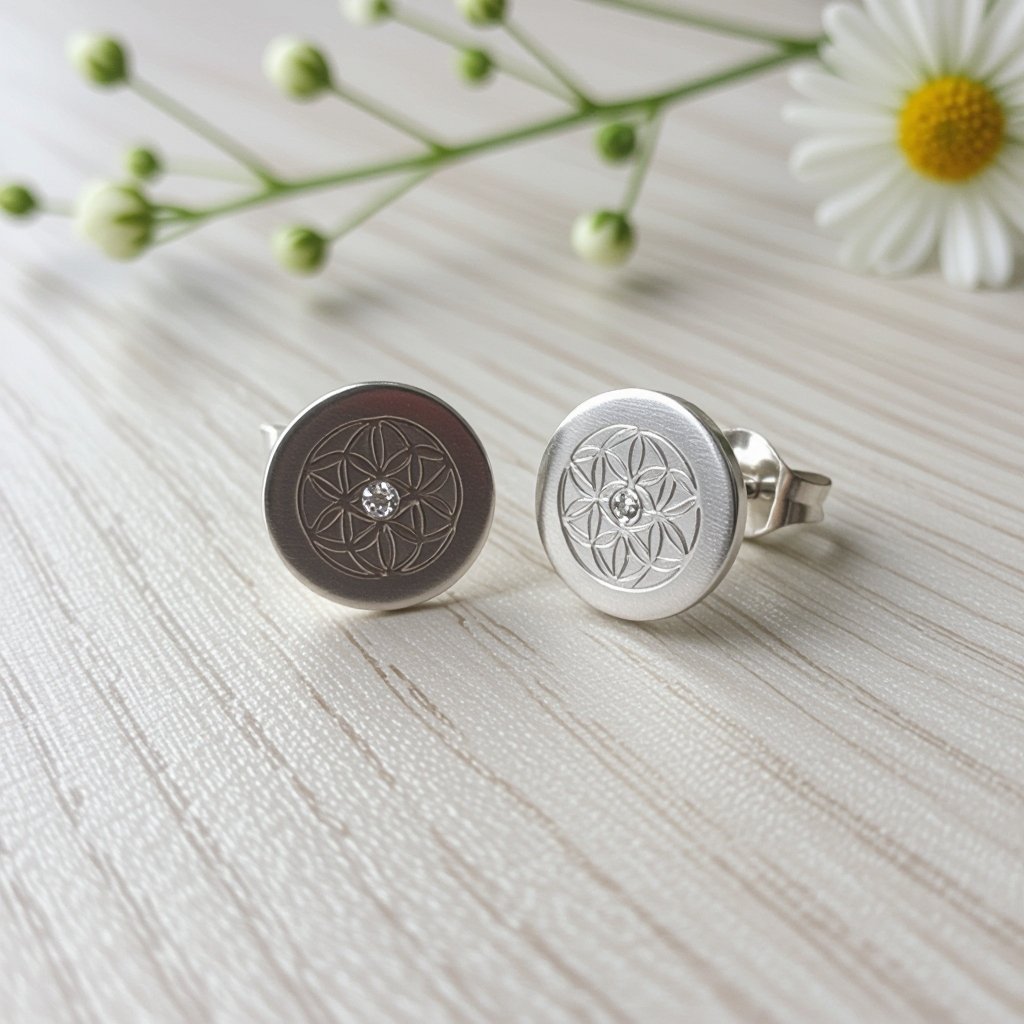 Пуссеты винтовой замок круглый символ цветка жизни с маленьким фианитом по центру