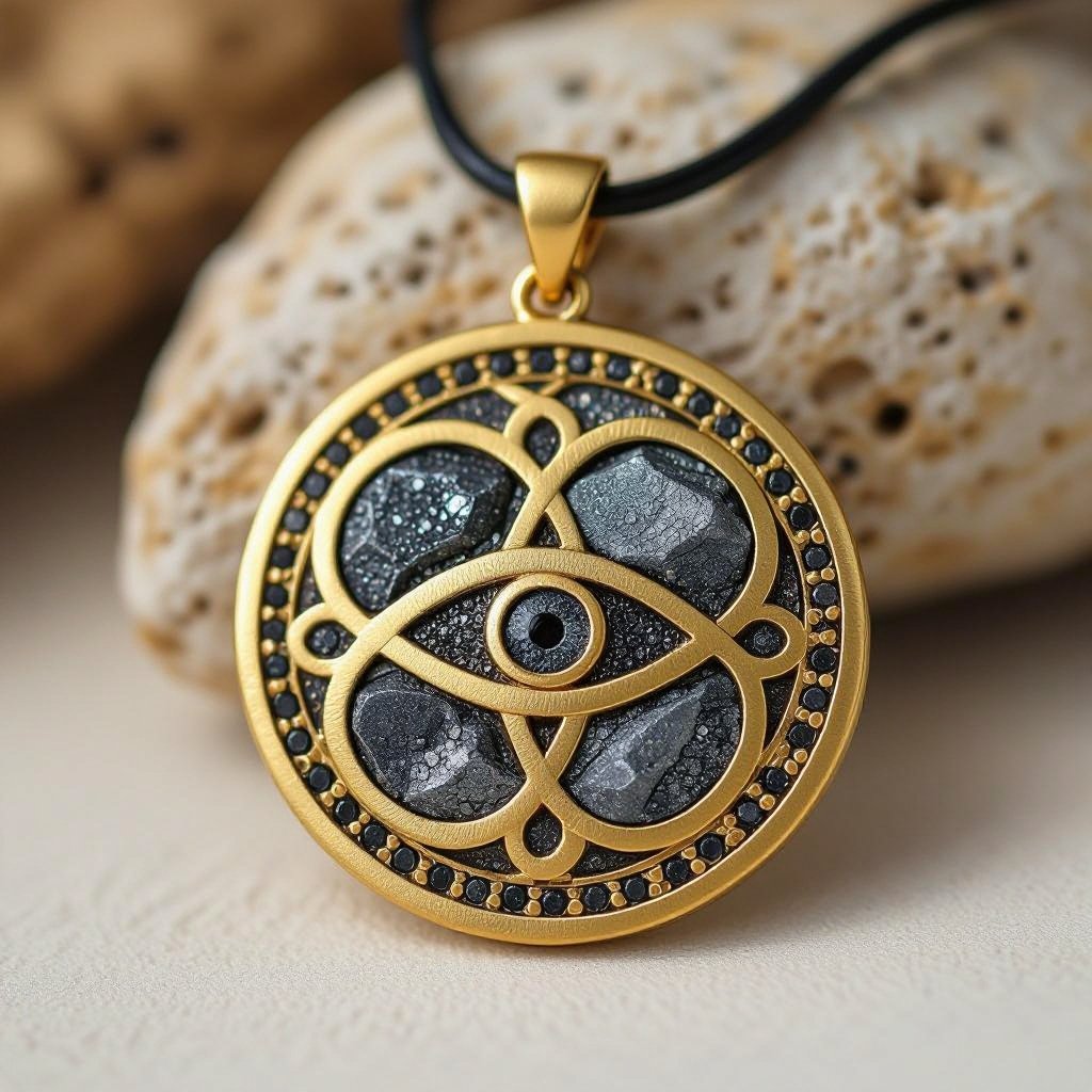 Подвеска из матового золота с узорами и мелкими необработанными матовыми камнями в форме двух пересекающихся окружностей и глаза между ними