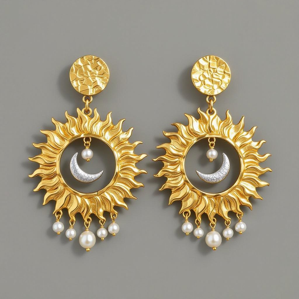 Золотые серьги словно мятое золото в форме горящего солнца с волнистыми лучами, в центре солнца круглая дыра. крепится к застежке серьги. К нижней части солнца крепятся подвески: миниатюрная серебристая луна, очень маленький жемчуг и маленький золотой кружочек с мятым эффектом плоский