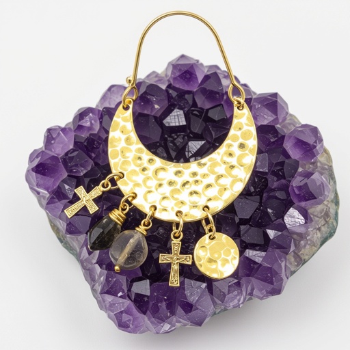 Золотые серьги словно мятое золото в форме узкого изящного полумесяца. Верхушка полумесяца крепится к застежке серьги. К нижней части полумесяца крепятся три подвески: миниатюрный золотой египетриский крест, очень маленький кристалл раухтопаза и маленький золотой кружочек с мятым эффектом плоский